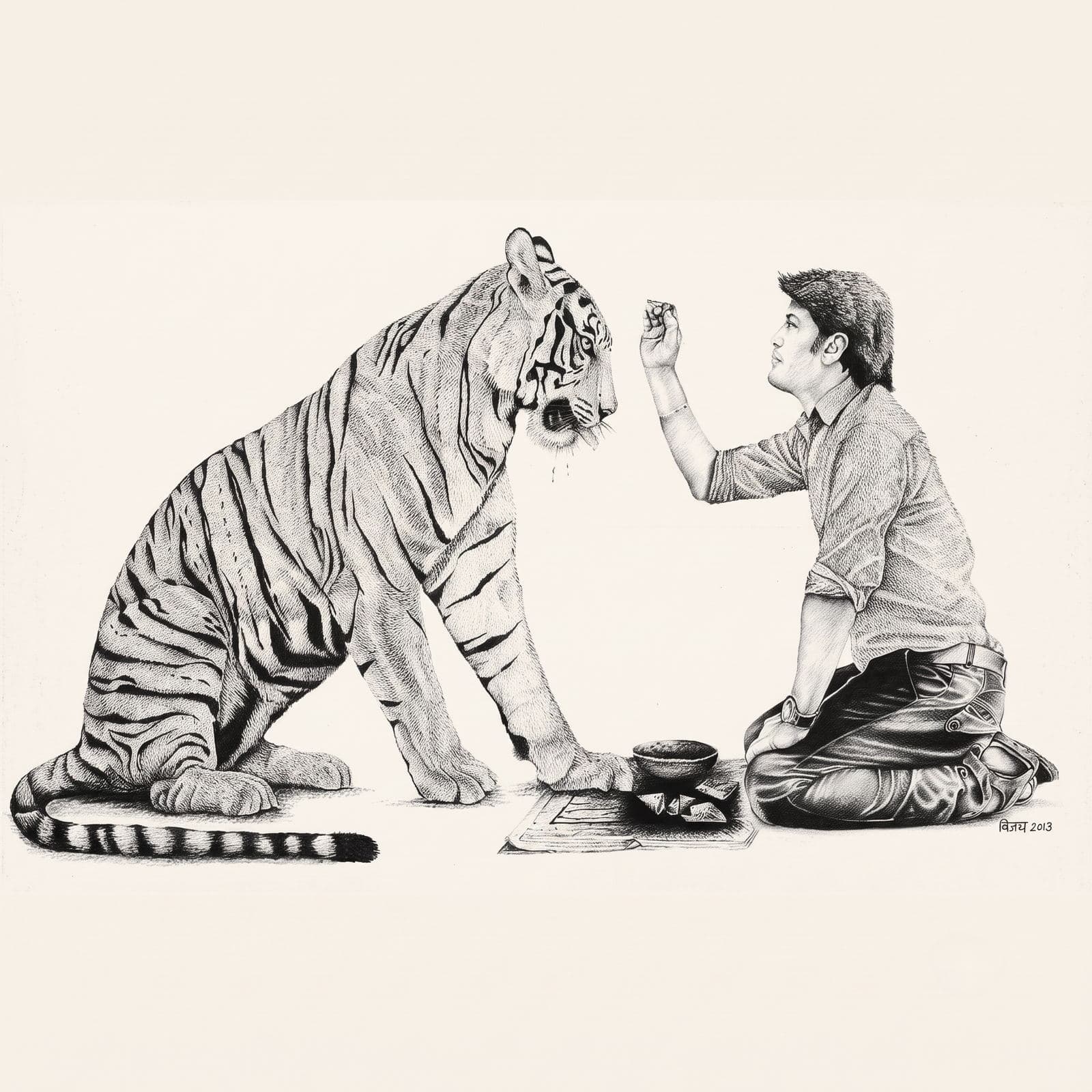 Monochrome illustration of an artist drawing a seated tiger.