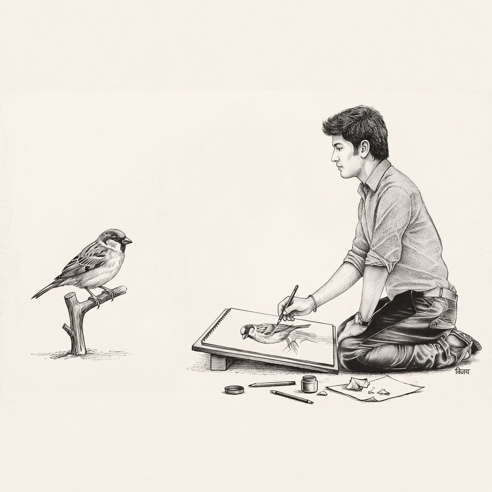 Monochrome illustration of an artist sketching a bird while another bird perches on a branch nearby.