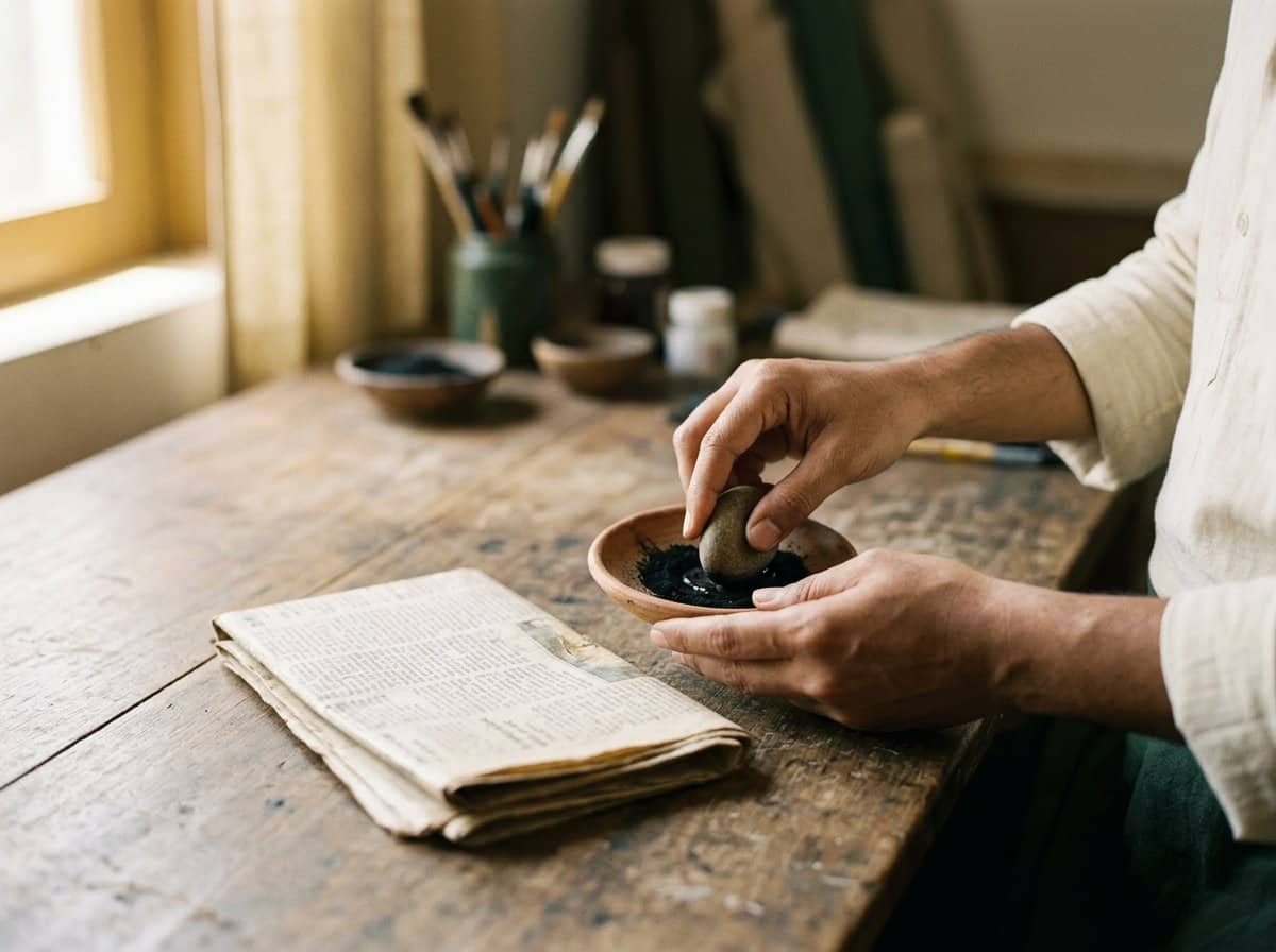 AI-assisted illustration of anonymous hands preparing black soot in an earthen dish beside folded newspaper.