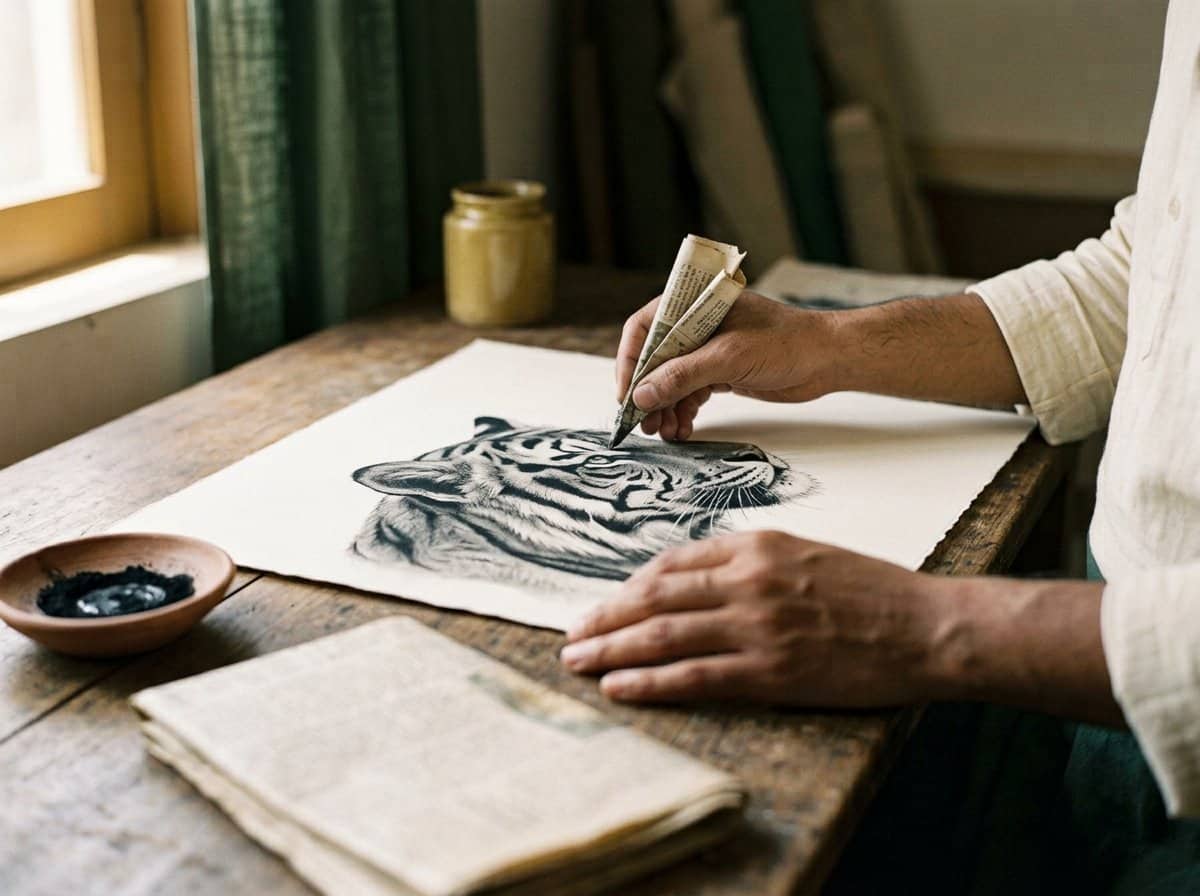 AI-assisted illustration of anonymous hands refining the final lines and contrast of a nearly completed soot tiger drawing.